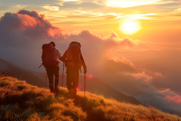 Hiker helping friend reach the mountain with  sunset background - obrazy, fototapety, plakaty