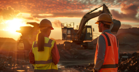 Construction engineers discussing plans at sunset with excavator in the background