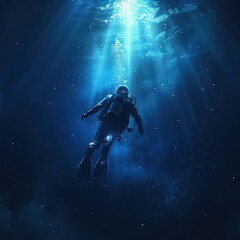 Obraz na płótnie Canvas diver in blue deep sea, dark blue water