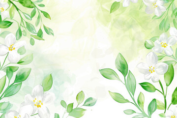 Watercolor spring floral background with white and green leaves and flowers in soft pastel colors,...