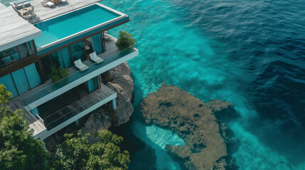 modern mansion with large glass windows overlooking the ocean in Bali, on top of cliff, wide shot, blue sky, blue sea, green plants - Powered by Adobe