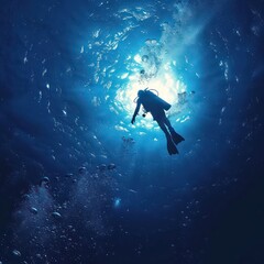  diver in blue deep sea, dark blue water