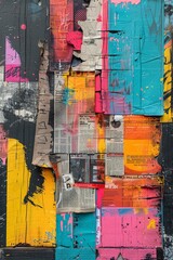 A blend of urban newspapers, colorful paint, and street artwork creates a unique graffiti collage with a grunge aesthetic.