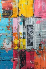 A blend of urban newspapers, colorful paint, and street artwork creates a unique graffiti collage with a grunge aesthetic.