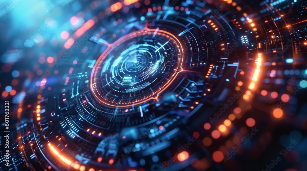Poster futuristic digital graphic design with circular abstract technology elements.