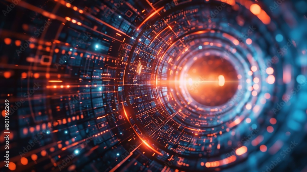 Poster futuristic digital graphic design with circular abstract technology elements.