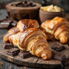 delicious croissants with chocolate on a plate 