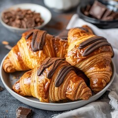 delicious croissants with chocolate on a plate 