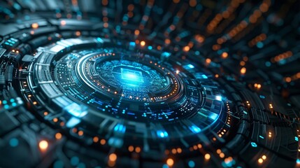 Futuristic artwork featuring a cutting-edge AI system interface, showcasing complex cyan designs representing the fusion of information and programming concepts