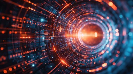 Futuristic digital graphic design with circular abstract technology elements.