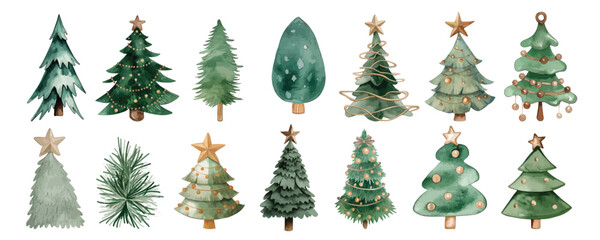 A collection of watercolor green Christmas fir trees