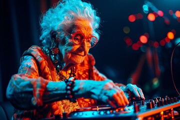 Senior grandmother spinning electro tunes on a turntable, showcasing a vibrant and energetic lifestyle in her golden years. The dynamic concept of enjoying life to the fullest in colorful ways.