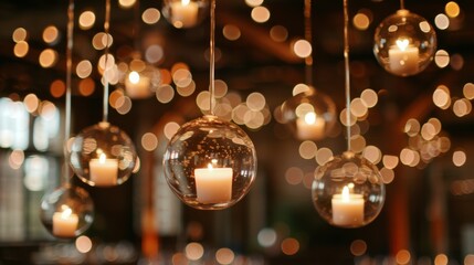 Hanging from the ceiling are delicate glass orbs filled with tealight candles adding an ethereal touch to the space. 2d flat cartoon. - obrazy, fototapety, plakaty