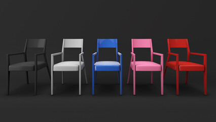Obraz premium Several multi-colored chairs on a black background.,3d rendering