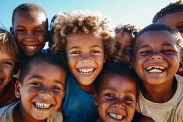 Group of happy african american kids on the background of blue sky