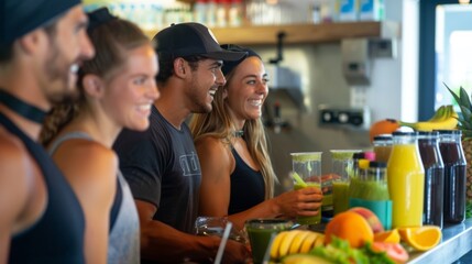 A group of fitness enthusiasts gather around a smoothie bar eagerly watching as their custommade smoothies are being prepared with fresh ingredients.