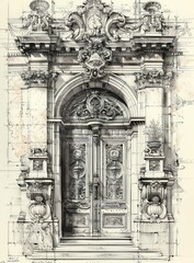 palace large door, rococo details, white and bronze, drawing art line