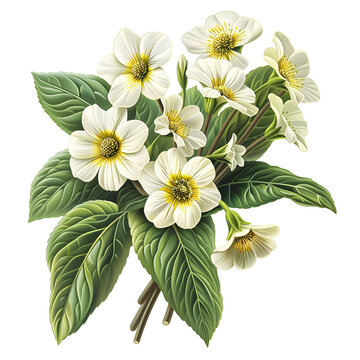 Clipart illustration a primrose flower and leaves on white background. Suitable for crafting and digital design projects.[A-0005]