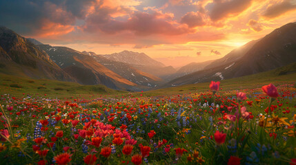 Valley of flowers surrounded by mountains.