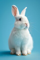 Obraz premium An adorable Easter bunny, a fluffy white rabbit, sits patiently against a serene blue backdrop, perfect for celebrating the holiday and creating festive greeting cards.