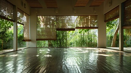 Serene Yoga Studio with Sunlight Cascading Through Bamboo Shades, Zen Health Concept