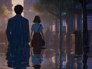 a girl and boy walk with rain on the road