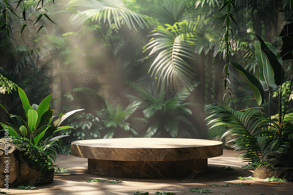 Poster mysterious stone platform surrounded by dense jungle foliage illuminated by soft sunlight in the hea
