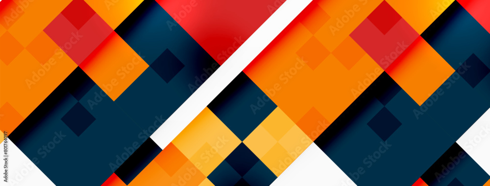 Poster a vibrant background featuring a colorful geometric pattern of squares, triangles, and rectangles in
