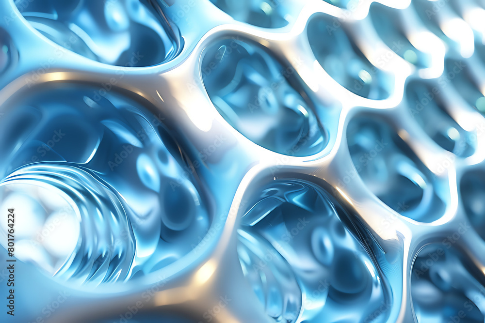 Poster close-up view of blue, translucent honeycomb structure showcasing intricate details and patterns ref