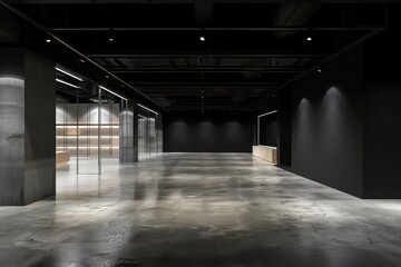 retail shop, concrete color floor, empty shop, black wall and ceiling