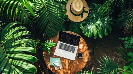A laptop, a notebook, and oranges are placed among tropical leaves, enhancing the lively ambiance with vibrant colors of flowers and terrestrial plants AIG50