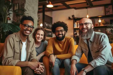 Happy group of multiethnic friends sitting on sofa in cafe. Cheerful young men and women looking at camera and smiling while spending time together