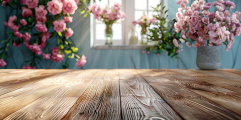 A wooden table with a vase of pink flowers on it