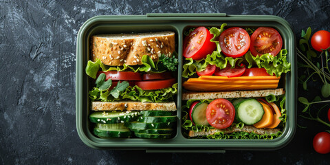 A green container with a variety of vegetables and sandwiches