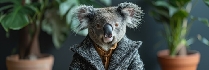 Obraz premium Stylish Koala in Elegant Tweed Jacket Posing Beside Potted Plants