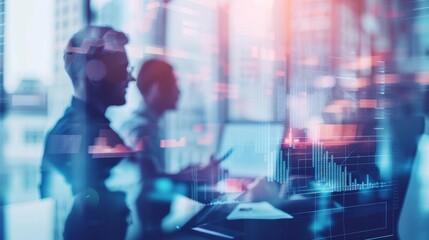 Artistic depiction of professionals in a corporate team briefing, focusing on utilizing cutting-edge digital tools for analyzing marketing data and making informed investment choices.