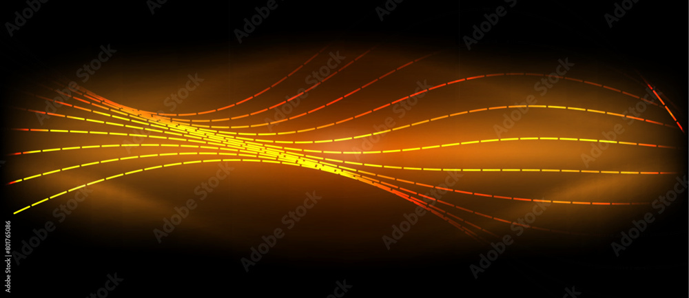 Poster a computergenerated image of a glowing wave resembling an amber sunrise on a black horizon, depictin