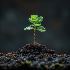 small oak tree growing on the dark background