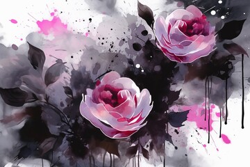 a painting of pink roses with the word " spring " on the bottom.