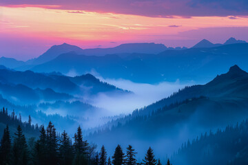 The mountains are covered in trees and the sky is a beautiful shade of pink