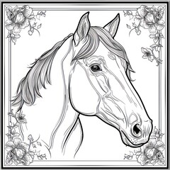 horse head design illustration, draw line black and white, white background 