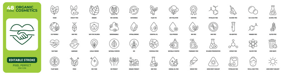 Organic Cosmetic Line Icon Set, Editable Stroke. Locally Grown, Herbal, Paraben, Eco Friendly, Sustainable, 100% Natural Organic