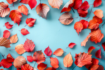 A blue background with a large circle of red leaves