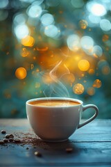 Obraz premium A cup of hot coffee with a beautiful morning glow, representing the start of a new day.