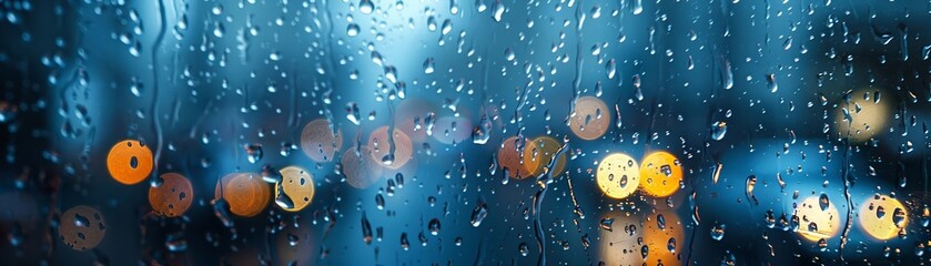 Raindrops gently hitting the windowpane up close