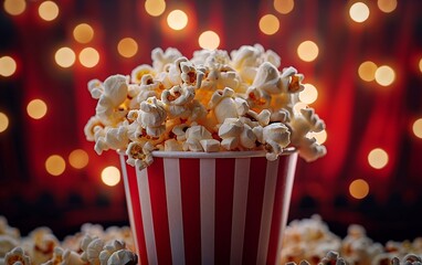 A close-up shot capturing a overflowing popcorn cup with red and white stripes in a cinematic environment.