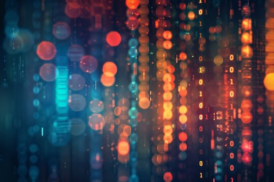 A detailed shot of computer code seamlessly merging with a backdrop filled with softly glowing lights.