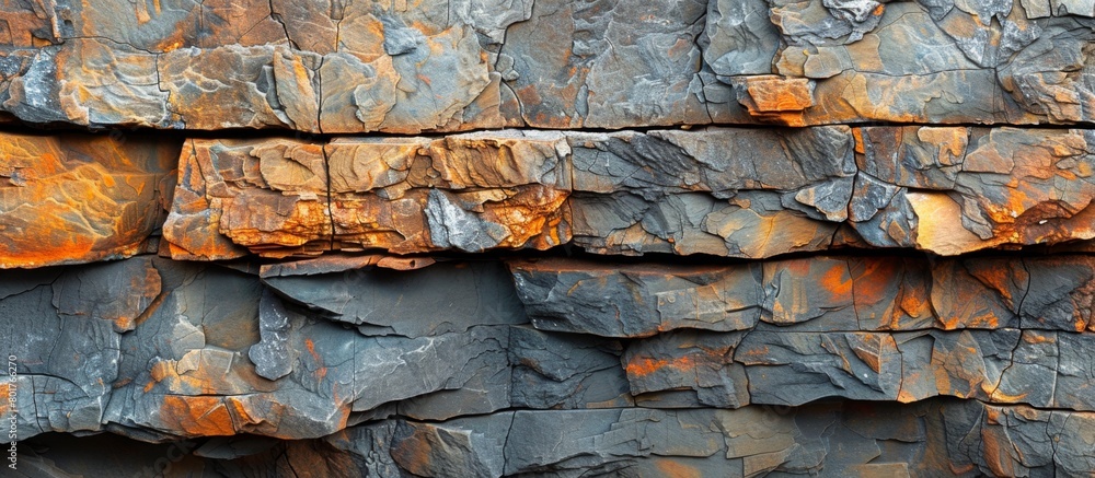 Poster detailed view of a sturdy stone surface covered in layers of vibrant orange paint, creating a striki