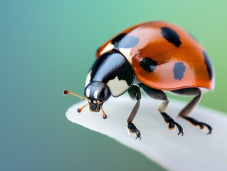 Close-up of a vibrant ladybug perched on the edge of a white surface, with a soft green backdrop. - Powered by Adobe