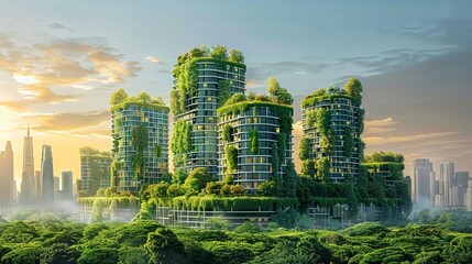 Urban landscape showcasing the eco-conscious building trends of tomorrow - featuring green roofs, solar installations, and cutting-edge sustainable design aesthetics